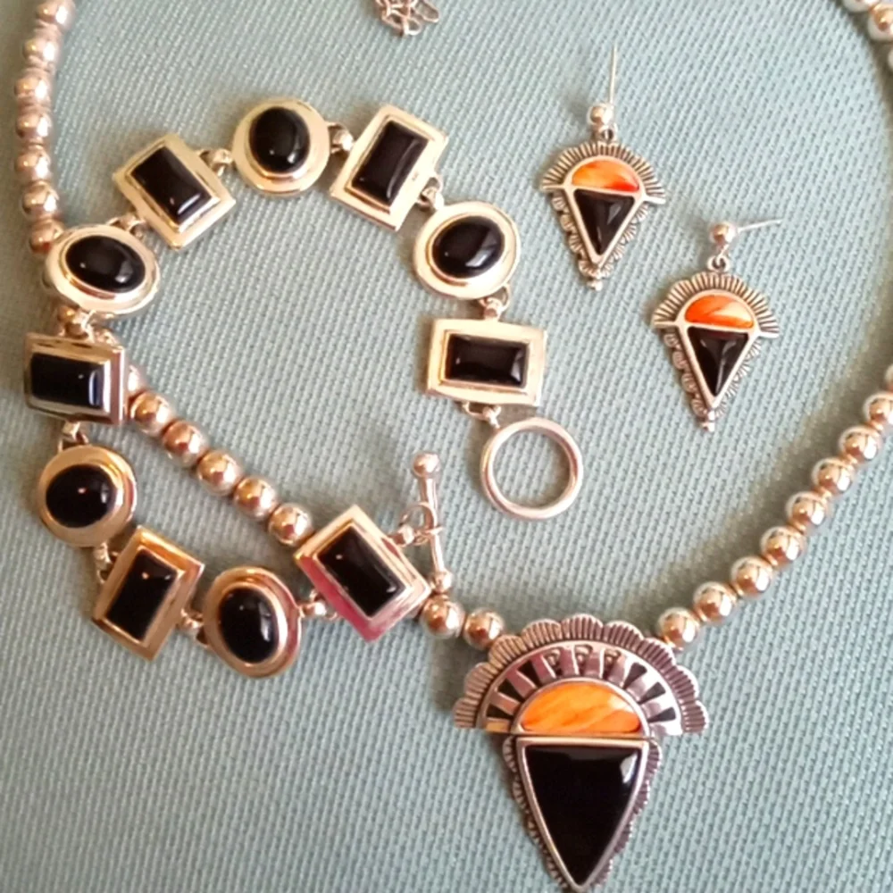 BLACK ONYX OVAL AND RECTANGLE STERLING SILVER BRACELET 🖤🖤🖤 - Picture 6 of 6